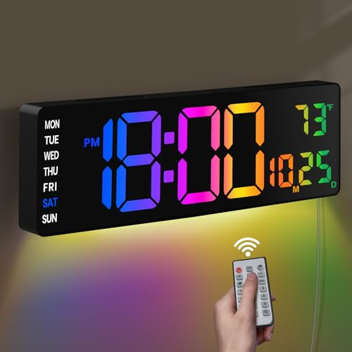 Digitale Wanduhr,16 Wanduhr Digital Große mit Fernbedienung,9 RGB-Farben,Auto-Dimming, Countdown, Temperaturanzeige, LED-Uhr für Wohnzimmer, Schlafzimmer, Weihnachten, Geschenk für Senioren