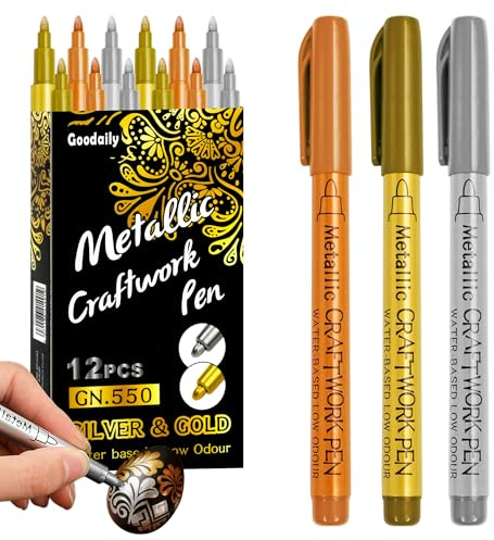 Goodaily Metallic Acrylic Paint Pens - 12PCS Permanent Markers 0.7mm Extra Fine Tip for Christmas Cards Rock Ceramic Wood Glass Metal Fabric Plastic