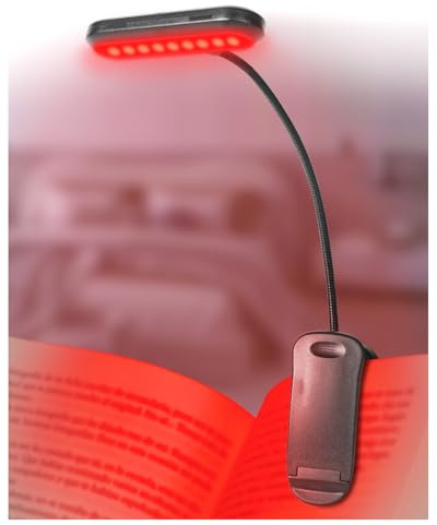 Lamptobe 670nm Rote LED Leselampe Buch Klemme mit Memory-Funktion, Dimmbare & USB-Aufladbare Leselampe Bett, Augenfreundliche Buchleselampe zum Anklemmen ohne Blaulicht, Tragbare Buchlampe
