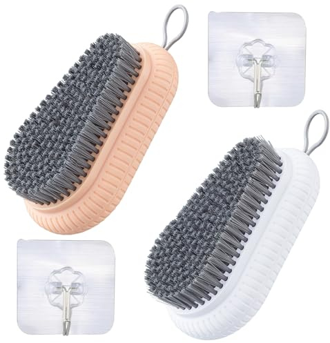 Buaak 2 Pcs Nail Brush, Heavy Duty Nail Brushes for Cleaning Finger Nails, Durable Stiff Bristles Nail Hand Scrub Brush, Nail Scrubbing Brush for Cleaning, Attached 2Pcs Adhesive Hooks (White/Pink)