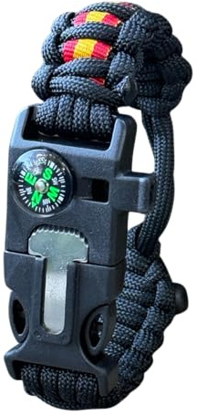 Pulsera de supervivencia ESPAÑA a medida 5 EN 1 con silbato, brújula, pedernal, raspador y cuerda de paracord 550 tipo III. Hecha a mano en España. Color NEGRO.
