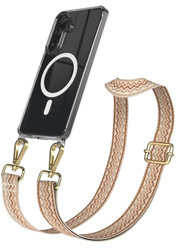 EAZY CASE Handykette - Verstellbares Taschenband kompatibel mit Galaxy S26 Plus, Schulterriemen, Handykordel mit Silikon Hülle, Qi Charging kompatibel, Umhängetasche, Beige Braun Gold