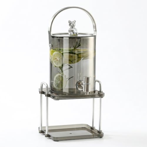 Yunmeryker Dispensador Agua Vidrio Borosilicato, Garrafa con Grifo para Nevera, Jarra Agua con Soporte Plástico, Diseño Lujo Ligero, Gris humo, Gris