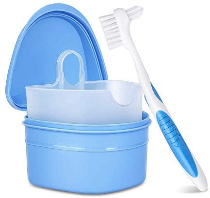 Y-Kelin Reinigungsset für Prothesen Reinigungsset für Prothesen mit Prothesenbürste,Prothesen Becher Box Bade Prothesen Behälter mit Korb Prothesen Halter Bürsten Halter für Reise Reinigung(Blau)