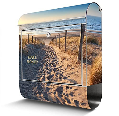 banjado® Briefkasten Edelstahl personalisiert mit Motiv Nordseestrand 38x43x12cm & 2 Schlüssel - rostfreier Edelstahl Briefkasten mit Zeitungsfach - Postkasten A4 Einwurf inkl. Montagematerial