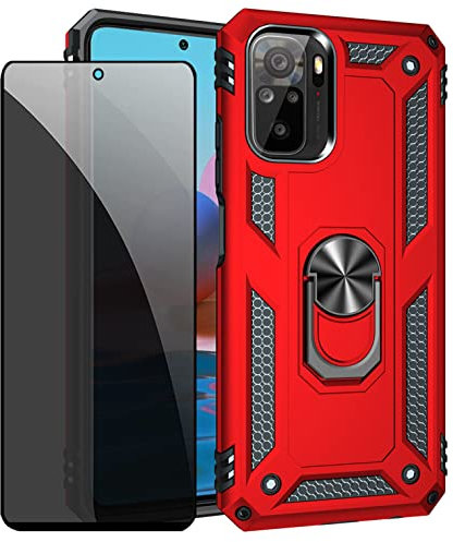 JOYTAG Funda para Xiaomi Redmi Note 10 4G/Note 10S Carcasa Rojo con Protector de Pantalla de Privacidad, Anti Espía Cristal Templado