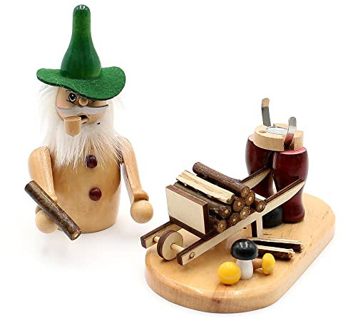 Wichtelstube-Kollektion Holz Räuchermännchen Waldwichtel mit Schubkarre und Holzscheiten natürlich traditionel uriger Premium Räucherwichtel 16,5 x 9 x 19 cm
