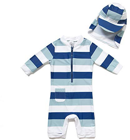 ADAVERANO Baby Jungen Sonnenanzüge UV50+ Badebeklideung Wimsuit Mit Sonnenhut.(Taschen mit Streifen,86-92Cm)
