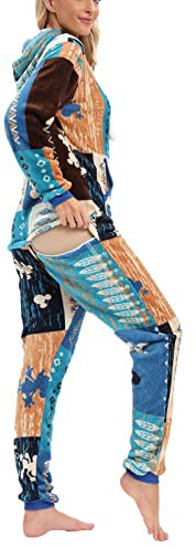 Damen Sexy Flanell Hintern Reißverschluss Zurück Klappe Overall Mit Kapuze Lange Ärmel Strampler Bodycon Schlafanzug Onesies,Blue Plaid,M