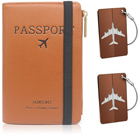 HNOOM Reisepasshülle, Premium PU Leather Passport Cover mit RFID Blockier, 1PCS Reisepass Organizer & 2PCS Kofferanhänger, Schutzhülle Reisepass für Kreditkarten, Ausweis und Reisedokumente (Braun)