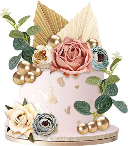 VEGCOO 24 Pcs Décoration Gâteau, Deco Gateau Anniversaire Mariage Bohème avec Roses Feuilles de Palmier, Mini Topper Mousse Boule pour Fêtes de Famille/Baby Shower/Anniversaire/Mariage