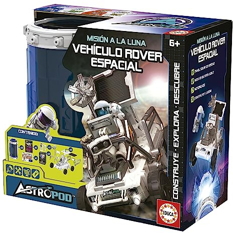 Educa - Misión a la Luna; Vehículo Rover Espacial, Monta tu Propio Vehículo Rover Espacial Motorizado de 23 Piezas, Aliméntalo con batería o con su Auténtico Panel Solar, a Partir de 6 Años (41347)