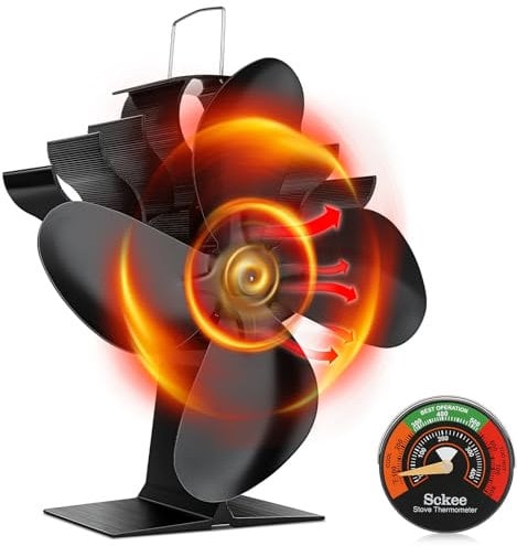 Sckee Stove Fan, Log Burner Fan with 4 Blades, Wood Burning Stove Fan Heat Powered Fan with Magnetic Thermometer, Fireplaces Wood burner fan, Stove Heaters – Silent Operation, 500P