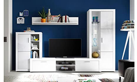 Möbel Akut Wohnwand Wohnzimmer Anbauwand Breite 270 cm Tuna Front weiß Hochglanz Vitrine TV-Board Highboard Wandboard