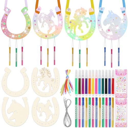 16 Stück Windspiel Bastelset Kinder, Einhorn Kindergeburtstag Basteln Hufeisen Holz DIY Doppelseitig mit Windspielröhren Malpinsel Strass Sticker Seil für Mädchen Jungen ab 3 4 5 6 7 8 Jahre