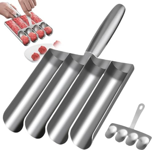 Fleischbällchen Former, Vierfach Röhren Kitchen Meatball Maker mit Schneidspaten, Edelstahl Fleischbällchen Maker, Metall Hackbällchen Former, Frikadellenmaschine für Küche zum Schnellen Kochen