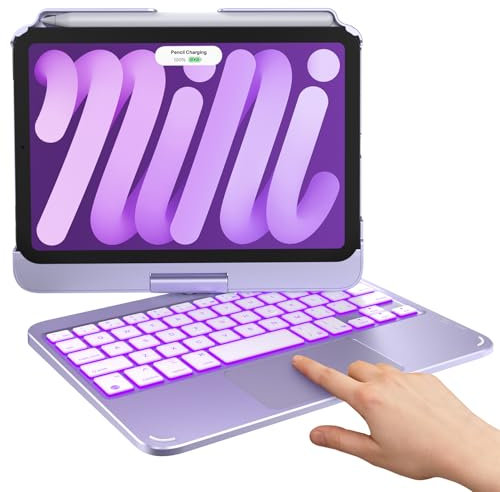 typecase Custodia con tastiera per iPad Mini 7 (2024) e Mini 6 (2021), custodia wireless con tastiera per iPad Mini 7a 6a generazione da 8,3, 10 colori, retroilluminata, con trackpad, viola chiaro