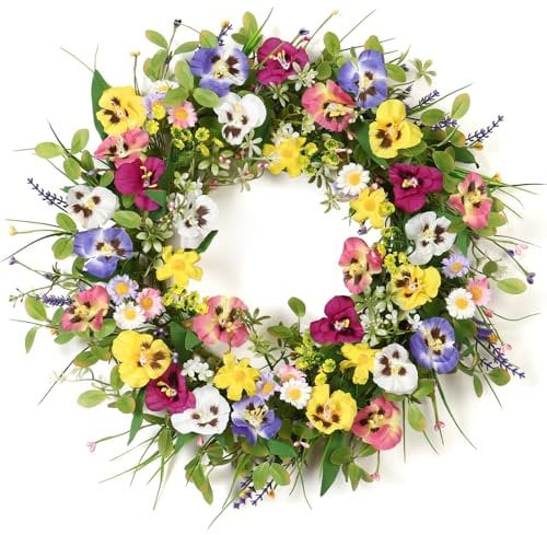 Betylifoy Spring Door Wreath for Front Door Artificial Wreath Pansy Flower Artificial Green Wreath Large Colorful Spring Summer Wreath for Door Window Wall Decor