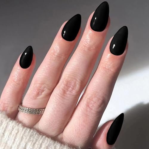 24 Pièces Noir Français Faux Ongles Autocollants, Amande Ongles à Coller Couleur Pure Press on Nails, Réutilisables Couverture Complète Brillant Acrylique Ongles pour Femme Fille
