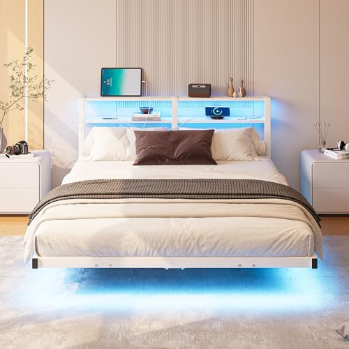 HAHRIR 5ft Floating Double Bed Frame with LED Lights & USB Charging,Black | 150x200cm Metal Heavy‑Duty Noise‑Free Slats 2 Storage Shelves No Box Spring Needed Easy Assembly Ideal For Main Bedroom