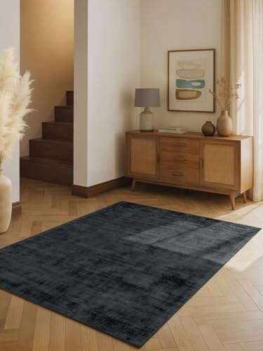 vikosa Viskose Teppich Noemi - Flauschiger Wohnzimmerteppich, Handmacht & Weich, Einfarbiges Design Handgewebt, dezenter Glanz, Kurzflor für Wohnzimmer, Schlafzimmer, Flur - Anthrazit, 200x300 cm