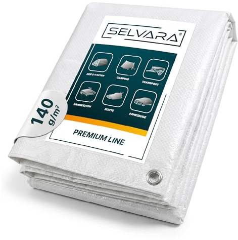 Selvara Abdeckplane 140g/m², Premium Line, Wasserdicht 10m x12m, Weiß | Gewebeplane, Schutzplane für Gartenmöbel, Holz, Pool, Auto, reißfeste Planen, UV-stabilisiert, vielen Größen, 60 - 260g/m²