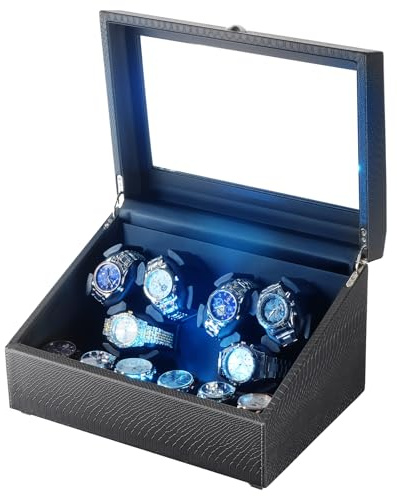 Isili Watch Winder für Automatikuhren, Luxus-Uhrenbeweger mit LED-Beleuchtung, 6er Uhrenbeweger + 6 Staufächer mit leisen Motoren, Geschenk für Valentinstag (PU-Schlangenleder)