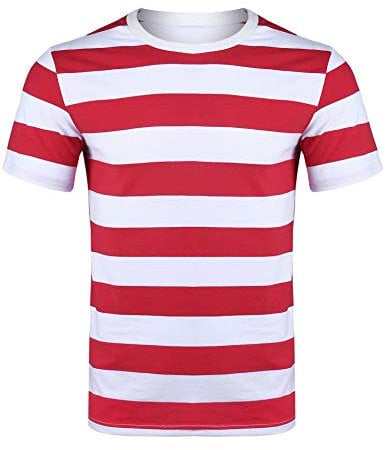 Sykooria Mens Round Neck Wide Striped T-Shirt Red & White Strip Casual Short Sleeve Tops