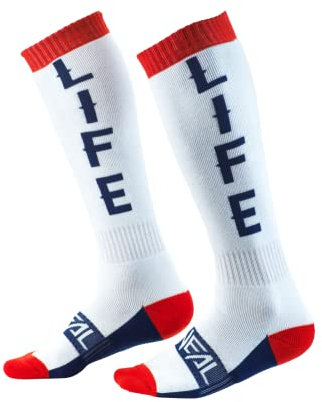 O'NEAL | Mountainbike Motocross Socken | MTB Downhill Freeride | Schweißabsorbierend, Verstärkter Fersen & Sohlenbereich | Pro MX Moto Life | Unisex | Erwachsene | Weiß Rot Blau | One Size