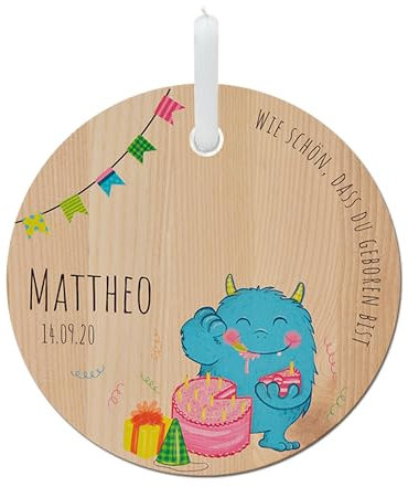 LOOXIS Personalisierter Geburtstagsteller für Kinder mit Namen bedruckt – 20 cm Durchmesser, inkl. Kerze, Eschenholz – Geschenkidee Jungen, Mädchen, Geburt, Taufe, Kindergeburtstag – Monster