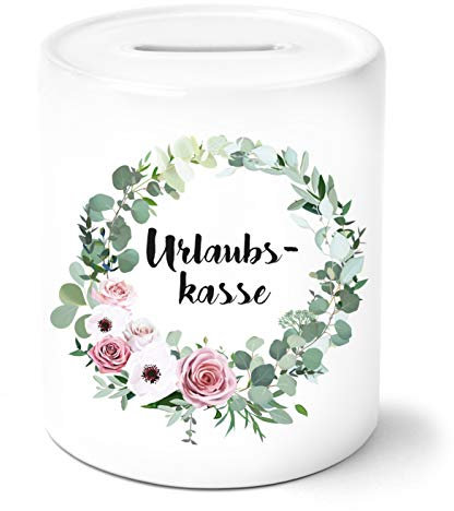 OWLBOOK Urlaubskasse mit Blumenkranz Spardose Personalisiert mit Namen Geschenke Geschenkideen für alle Urlaub-Liebhaber zum Geburtstag