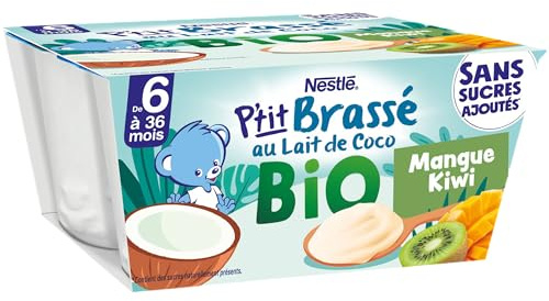Nestlé Bébé - P'tit Brassé Bio Végétal Lait de Coco Mangue Kiwi - dès 6 Mois - 4 x 90g
