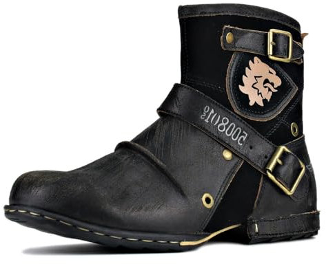 OSSTONE Chukka Stivali Cowboy Biker Boots Maschio Mens motociclo Botas cerniera su in Pelle Vitello Western retrò stile Uomo Stivali Piatto Caviglia Stivaletti Boots 5008-1-D2-IT Retro Black 12