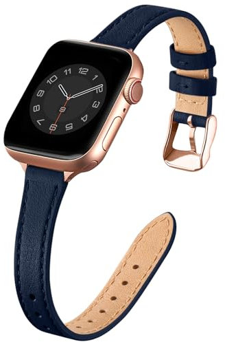SUNFWR Compatible with Apple Watch Strap 38mm 40mm 41mm,Genuine Leather Strap Replacement,Slim&Thin Wristband for iwatch Series 7/6/5/4/3/2/1,SE(38mm 40mm 41mm,Dark blue&Rosegold)