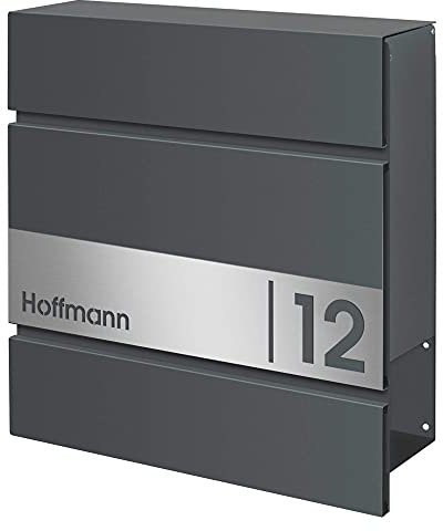 Frabox® Design Briefkasten LENS Basaltgrau RAL 7012 mit Hausnummer & Namen u. Zeitungsfach