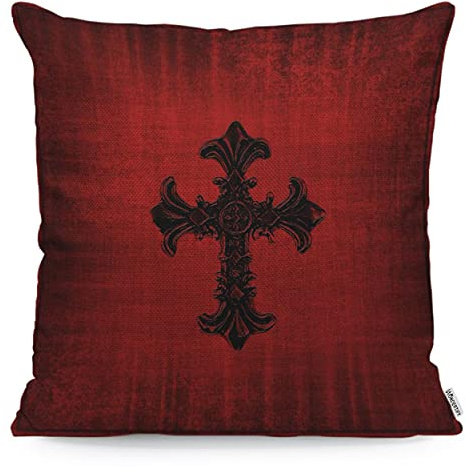 Wondertify Kissenbezug, Kreuz-Design, mittelalterlich, Gothic, dekorativer Sofakissenbezug, 45 x 45 cm, Rot/Schwarz