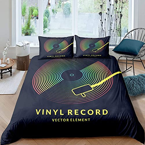 Rockmusik Bettbezug,Vinyl Schallplatte Tröster Abdeckung,Hip Hop Hippie Grunge Stil Bettbezug, Regenbogen schillernde Bettwäsche Set (keine Tröster) Schwarz Wohnheim Dekorativ 2 Stücke 135x200