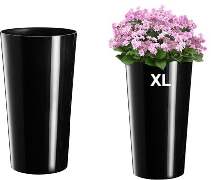 MELTOM Blumenkübel Rund Hochglanz Slim Blumentopf mit Herausnehmbaren Einsatz Schwarz (XL)