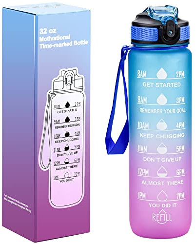 PANSYFEN Sport Gourde 1 Litre Bouteille d'eau Avec Paille Bouteille d'eau étanche avec Marqueur de Temps de Motivation sans BPA pour Fitness, Gym, Randonnée,Voyage(Dégradé Bleu Violet)