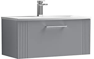 nuie DPF296G Deco Modern Bathroom Wall Hung 1 Drawer Part Fluted Vanity Basin Unit with Curved Ceramic Basin, 800mm, Satin Grey