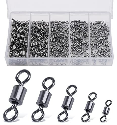 Realure 200/300 Pcs Rolling Fishing Swivels 5 Sizes Swivels for Carp Fishing Accessories Swivels 4# 6# 8# 10# 12# Barrel Fishing Connector Swivel for Sea Fishing, Fishing Line, Hooks Swivels (200 Pcs)