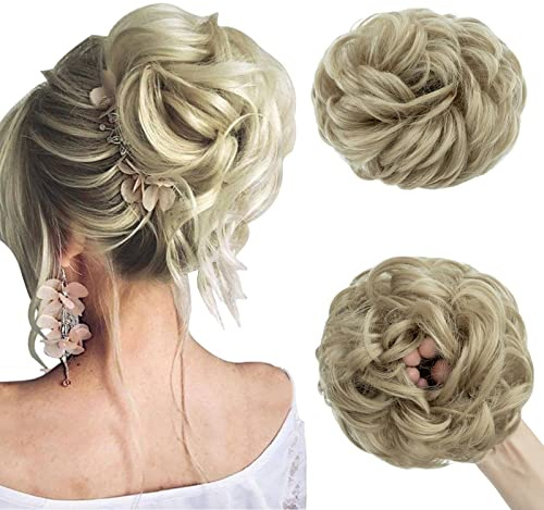 Curly synthetic hair bun with messy strokes, elastic hair piece in bleaching blonde, ideal for a natural, casual look, ash blonde