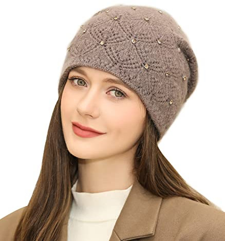 Adigaber Damen Beanie Mütze Warme Wintermütze doppelt Gestrickt Slouch Long Strickmütze mit edler Nieten Applikation Einheitsgröße