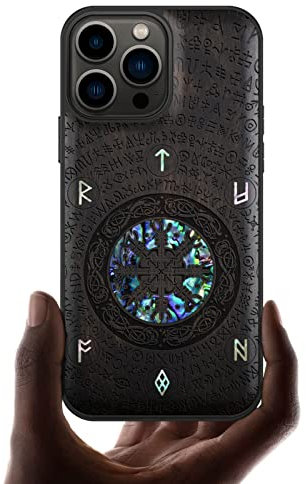 Carveit Coque magnétique pour iPhone 13 Pro Max Étui Luxe [Gravure en Bois et Incrustation de Coquille] Case Compatible Magsafe avec 13 Pro Max Coque (Bois Sombre-Das Vegvisir des Wikinger)
