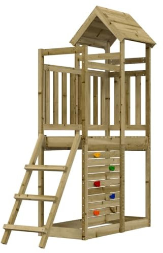 vidaXL Wooden Playhouse Playset with Rockwall/Ladder - Impregnated Pine Wood for Outdoor/Garden Play, Brown, 52.5 x 110.5 x 214 cm