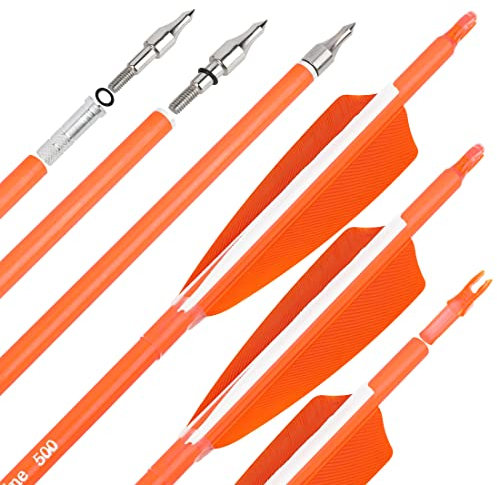surwolf 31 Carbonpfeile Bogenschießen Jagdpfeile 500 600 Spine mit Feder Fletched Target Übungspfeile für Bogenschießen Compound & Recurve & Langbogen 6/12 Stück (12, orange, Spine 600)