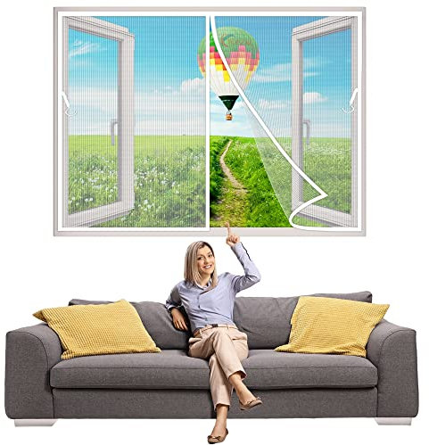 Windows Mesh Curtain Screen for French Windows Anti Cat Scratch 145x125 cm Reinforced Heavy Duty Mesh Screen Magnets, Easy to Install Without Drilling White Z