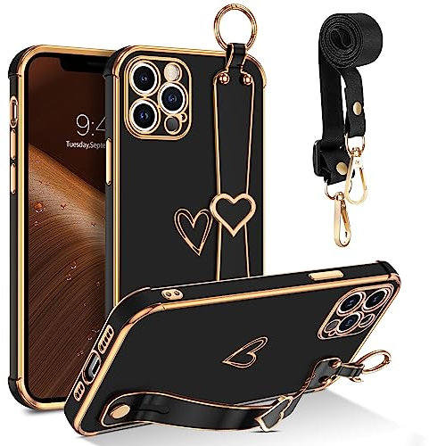 GUAGUA für iPhone 12 Pro Hülle, Handykette iPhone 12 Pro Handyhülle mit Band Fingerhalter Ständer Strap Cute Herz Love Muster Schutzhülle Stoßfest Galvanisierte Weich TPU Phone Case, Schwarz