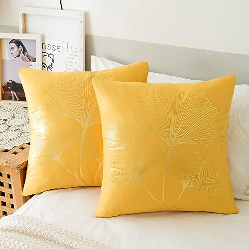 2er Set Kissenbezug Gelb Kissenbezüge Ginkgo Biloba Samt Kissenbezug Moderne Zierkissenbezug Sofakissen Dekokissen Kissenhülle Set für Sofa Schlafzimmer Stuhl Auto Couchkissen 40x40cm