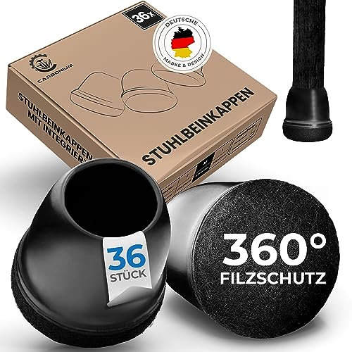 36 Stuhlbeinkappen mit schwarzem Filz - Ideal auch für schräge Stuhlbeine - Langlebige Stuhlbeinschoner für Stühle [Rund] - Premium Filzgleiter für Stühle mit 14-20 mm Durchmesser